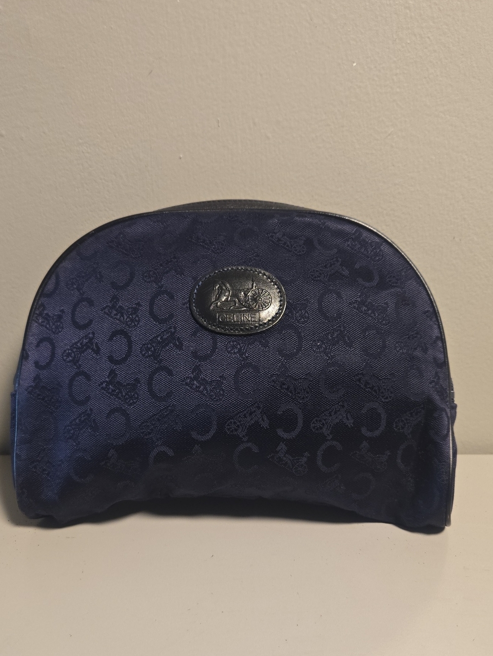 Celine Navy Jacquard Cosmetic Pouch with Leather Logo Patch